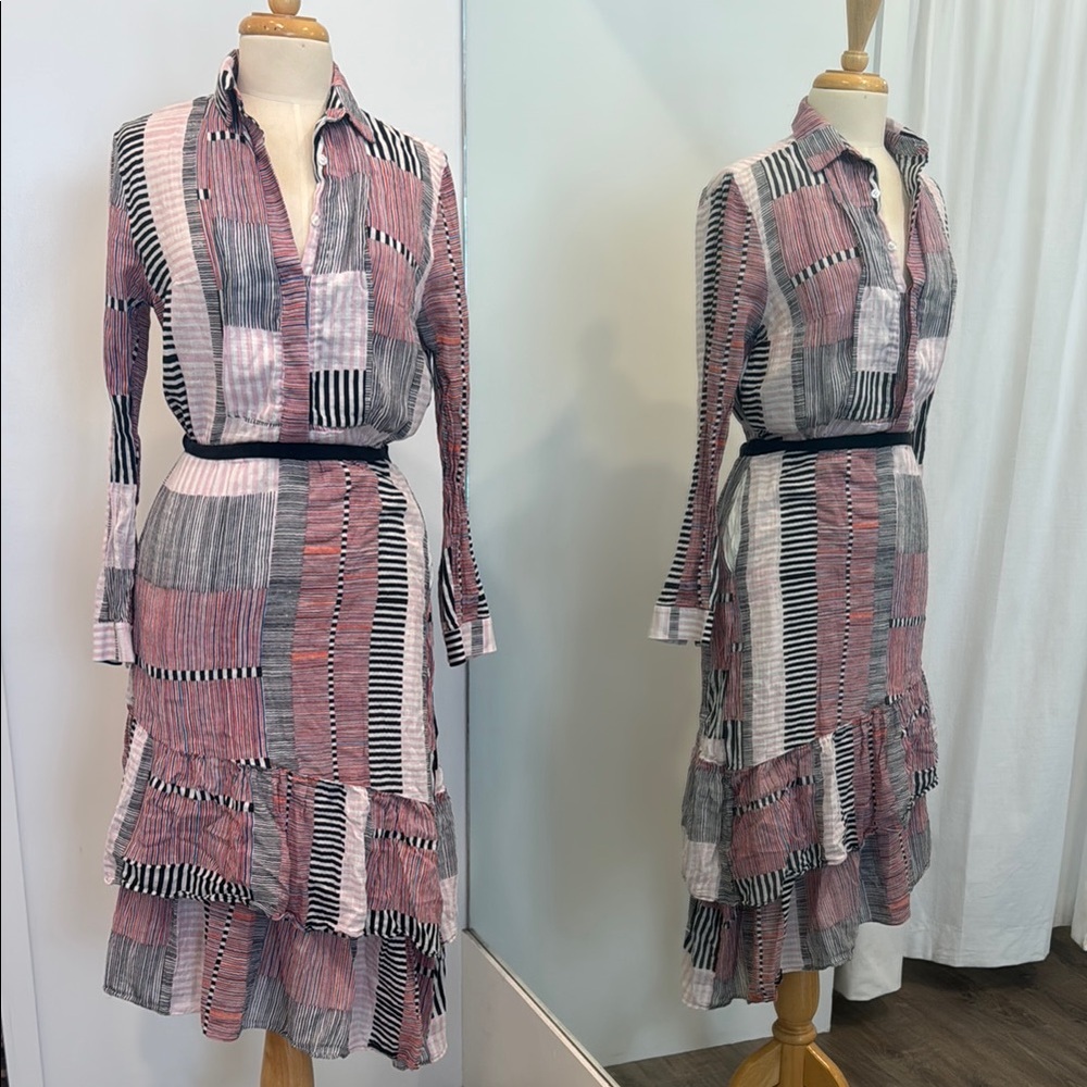 Pink and Black Asymmetrical Ruffled Long Sleeve Dress